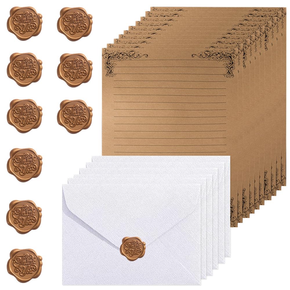 Juego De Papelería Vintage – 10 Sobres + 16 Papeles Antiguos + 10 Pegatinas De Sello De Cera Para Cartas De Amor E Invitaciones