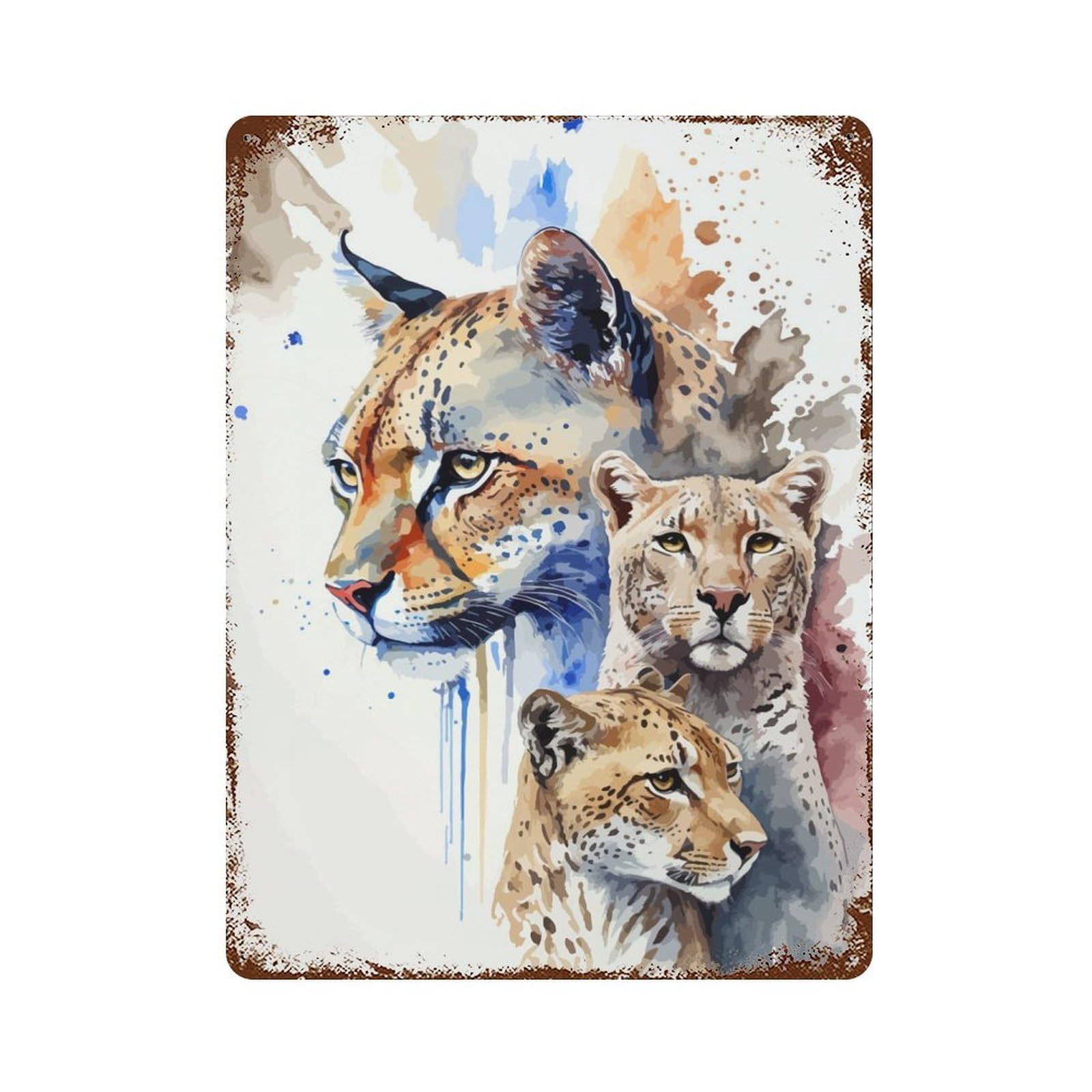 Leopards Watercolor Aged Metal Wall Plaque 15.7"x11.8", Industrial Home Decor for Pub, Kitchen And Man Cave Decor