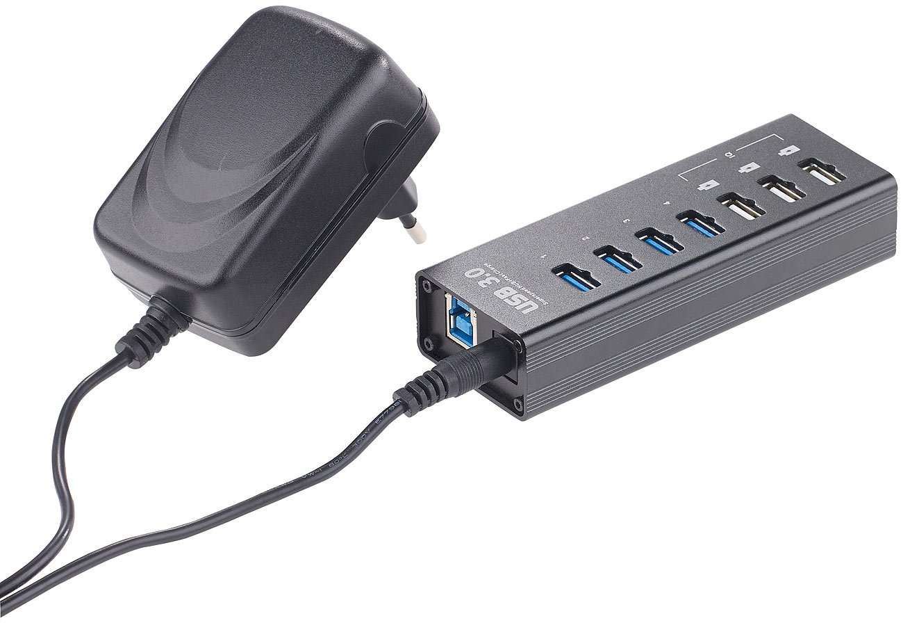 Aktywny hub USB 3.0 Xystec z 4 portami danych i 3 portami szybkiego ładowania BC 1.2, 5 Gbit/s, zasilacz 5 V/4 A