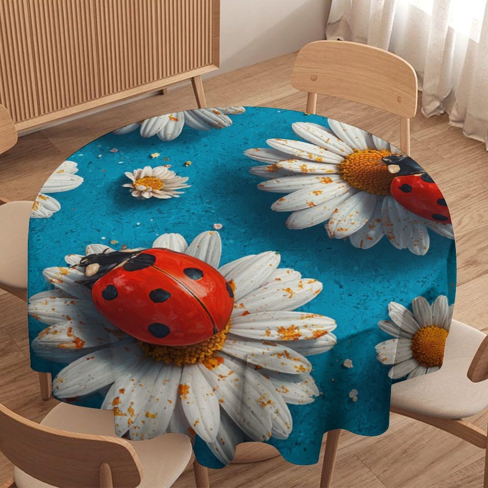 LUYYSKY Cute Realistic Daisies Floral Waterproof Round Tablecloth Funny Abstract Animal Ladybugs White Daisies Flowers Washable Table Cover for Kitchen-177.8" Wx177.8 L cm
