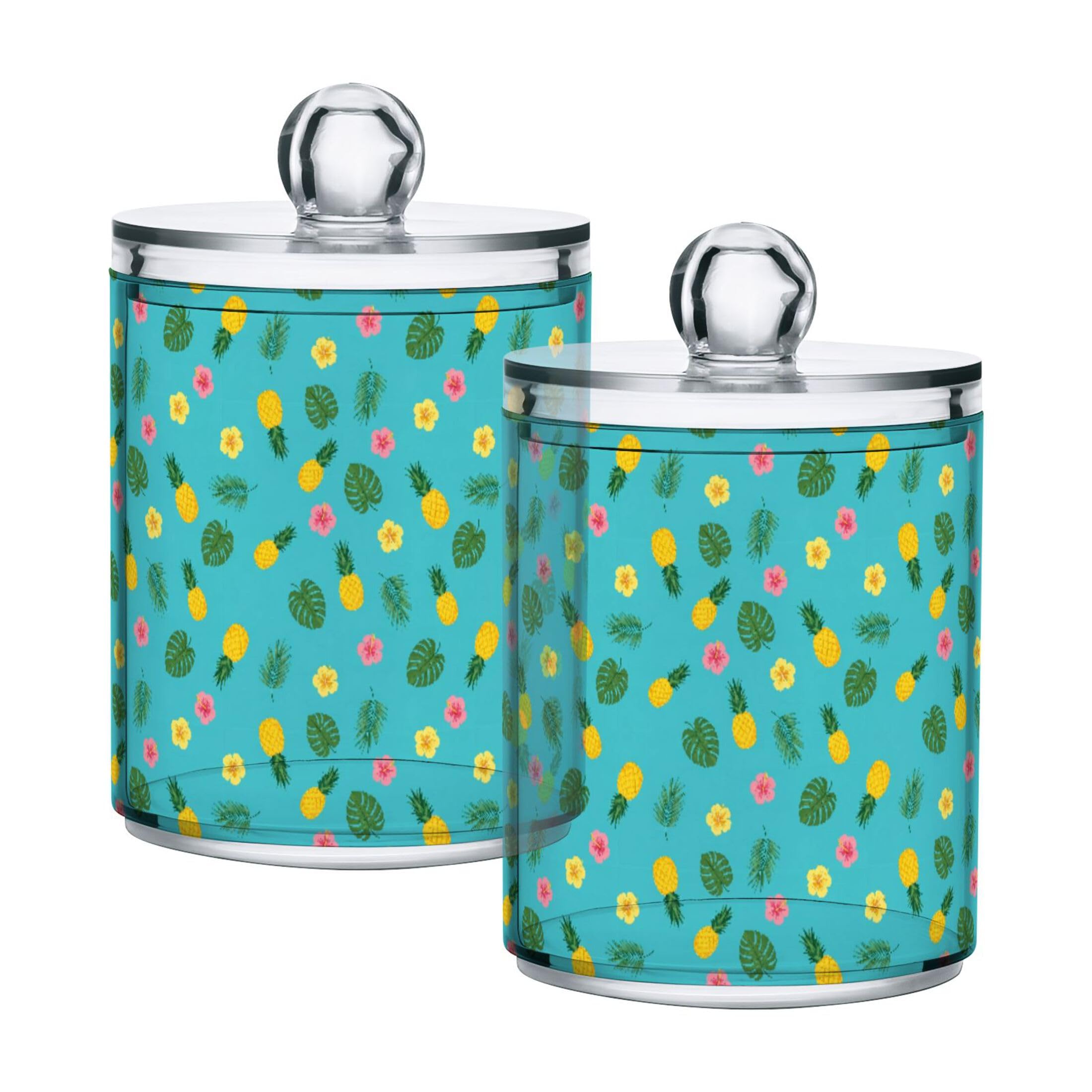 Fuauuyl Pineapples Qtip Holder Dispenser 2 Pack Plastic Apothecary Jar Storage Organization Bathroom Vanity Makeup Storage Organization For Cotton Ball Swab Pad