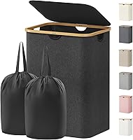Vista 23 de Lifewit Cesta de lavandería de 80 litros con tapa, cestas de ropa para lavandería con asas de bambú y una bolsa de lavandería extraíble, cesta