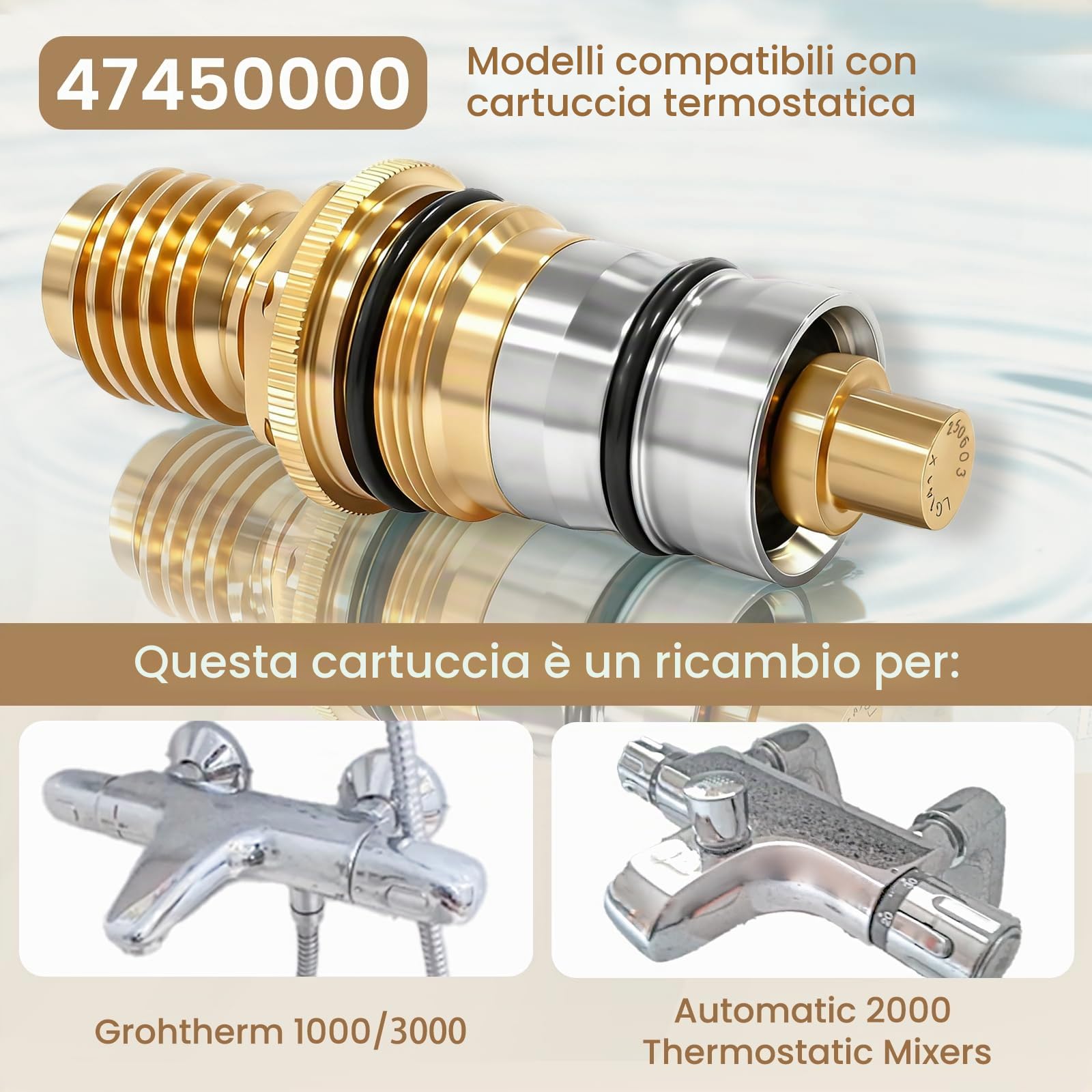 GR-47450000 - Cartuccia termostatica 1/2" in ottone e acciaio inox, compatibile con Grohtherm 1000/3000 e Automatic 2000 - ricambio 47450000