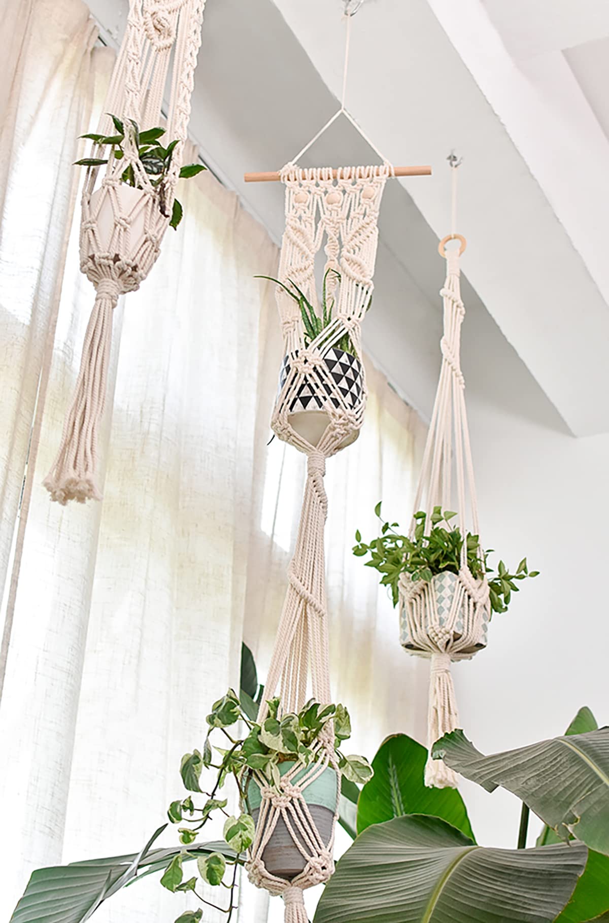 Confezione da 5 ganci per piante in macramè, in corda di cotone, decorativi, per interni ed esterni, stile bohémien, per la casa (5 dimensioni e 10 ganci)