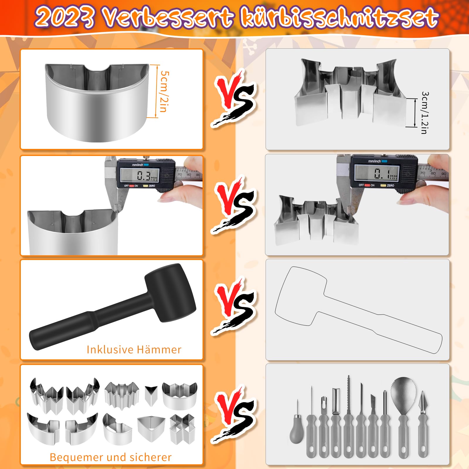 Dreamtop 14 pezzi Kit Intaglio Zucca Halloween Set Intaglio Zucca in Acciaio Inox fai da te Zucca Intaglio Strumento Incluso Mazzuolo di Gomma per Adulti e Bambini
