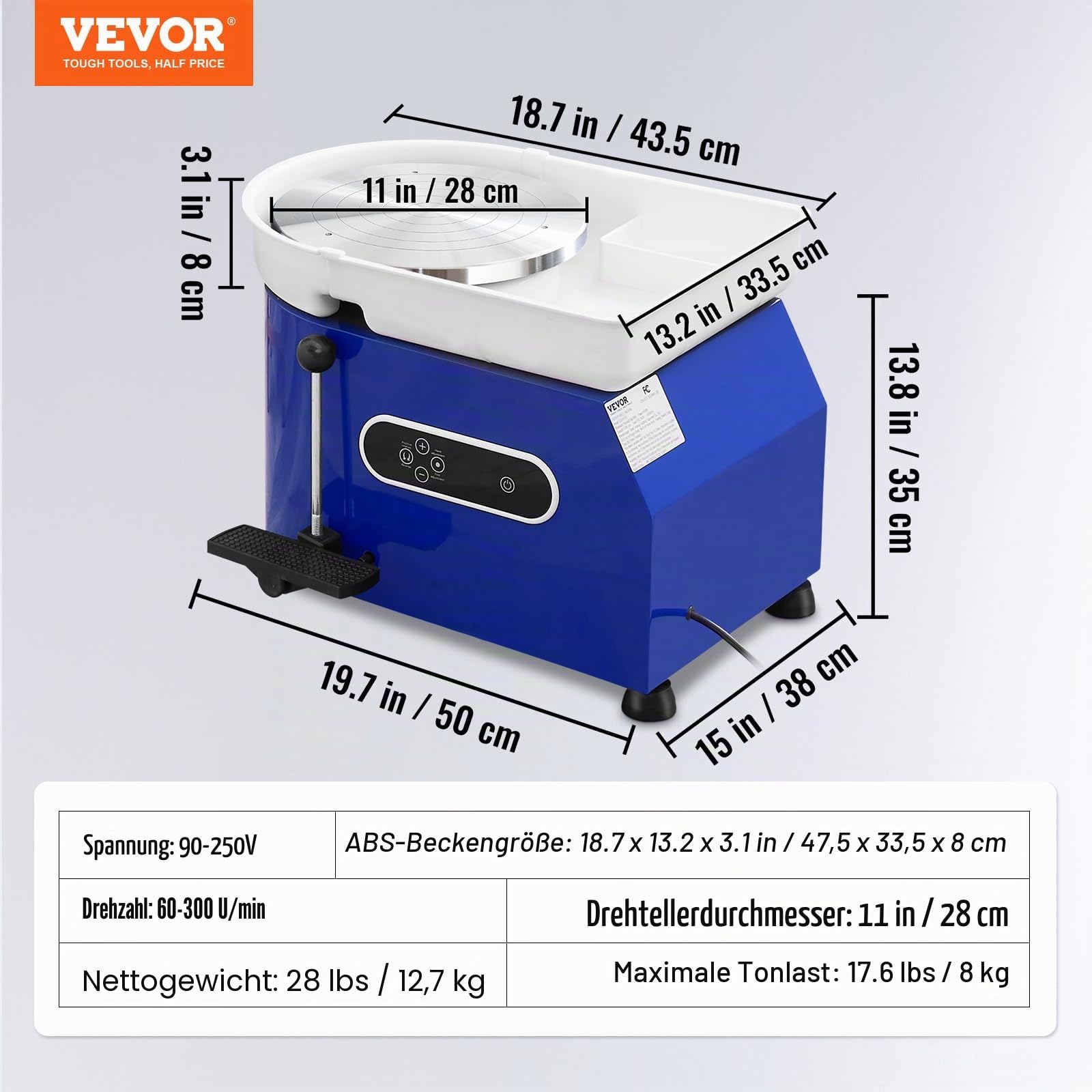 VEVOR Töpferscheibe Keramik Rad Maschine Max. 450 W, Elektrische Töpferscheibe Maschine 28 cm 300 U/min Töpferscheibenmaschine, mit Pedal & Schürze Formmaschine, Geeignet für Anfänger, Enthusiasten