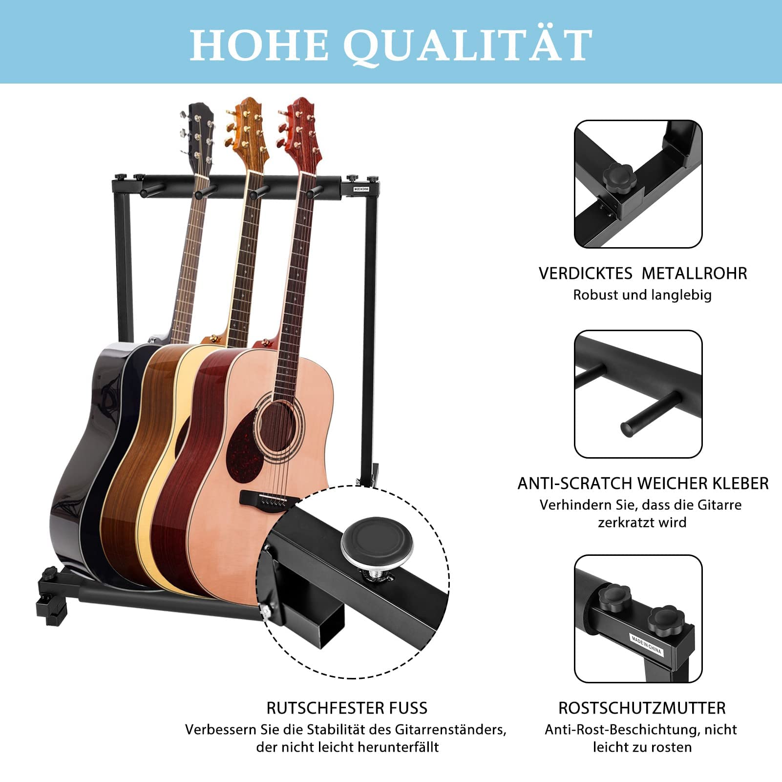 Youyijia 3-Fach Gitarrenständer Faltbar Tragbar Multistand Gitarrenstativ Multi-Gitarrenständer 3 Halterungen Polsterung für Akustikgitarre Westerngitarre E-Gitarren