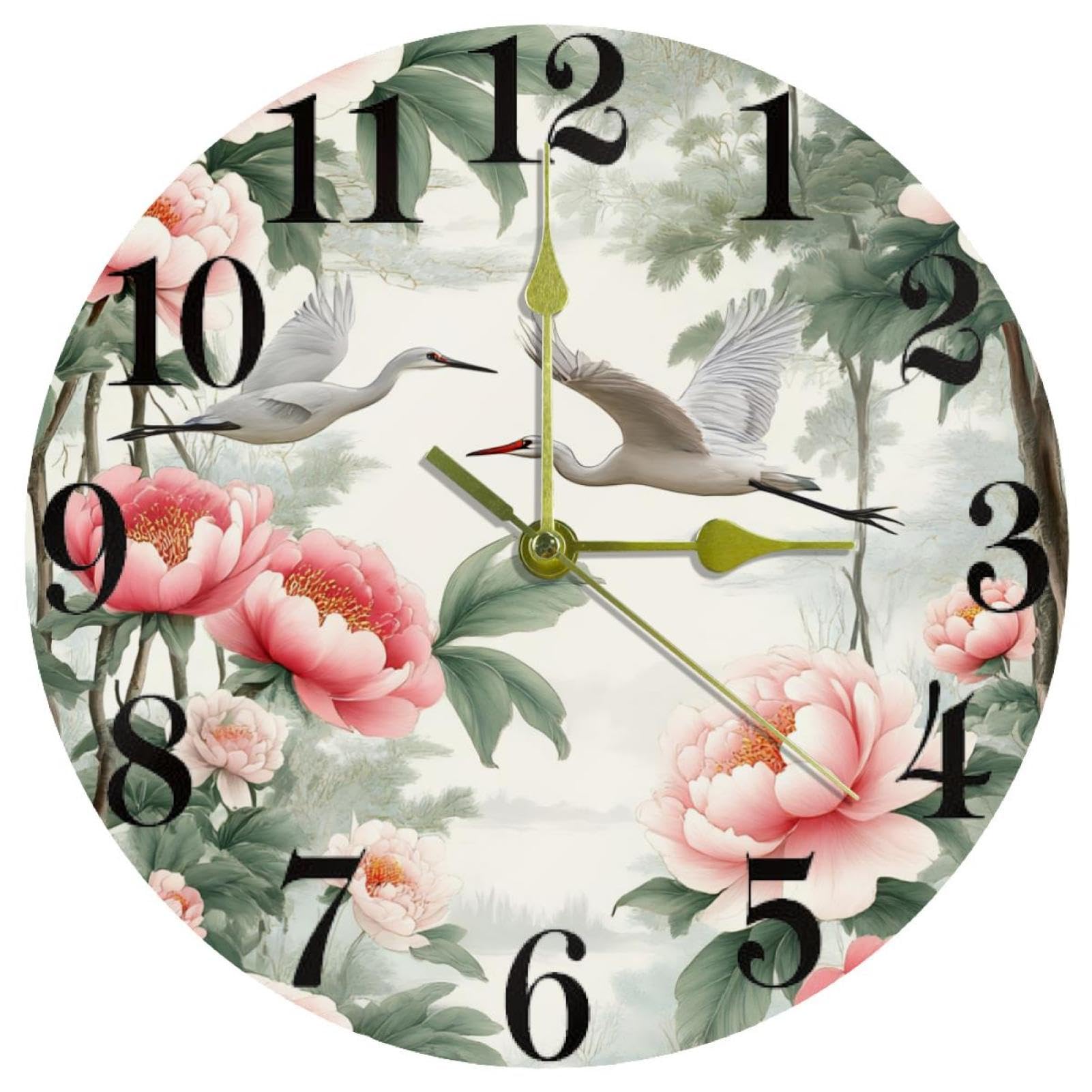 Horloge murale hérons et pivoines roses à quartz silencieuse pour la décoration du bureau