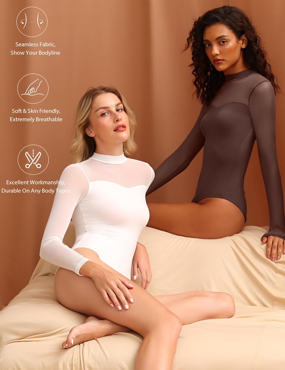 Avidlove Long Sleeve Bodysuits for Women Mock Neck Sheer Mesh Sleeve Bodysuit Double Lined Leotards Shirt Going Out Top - Image 2