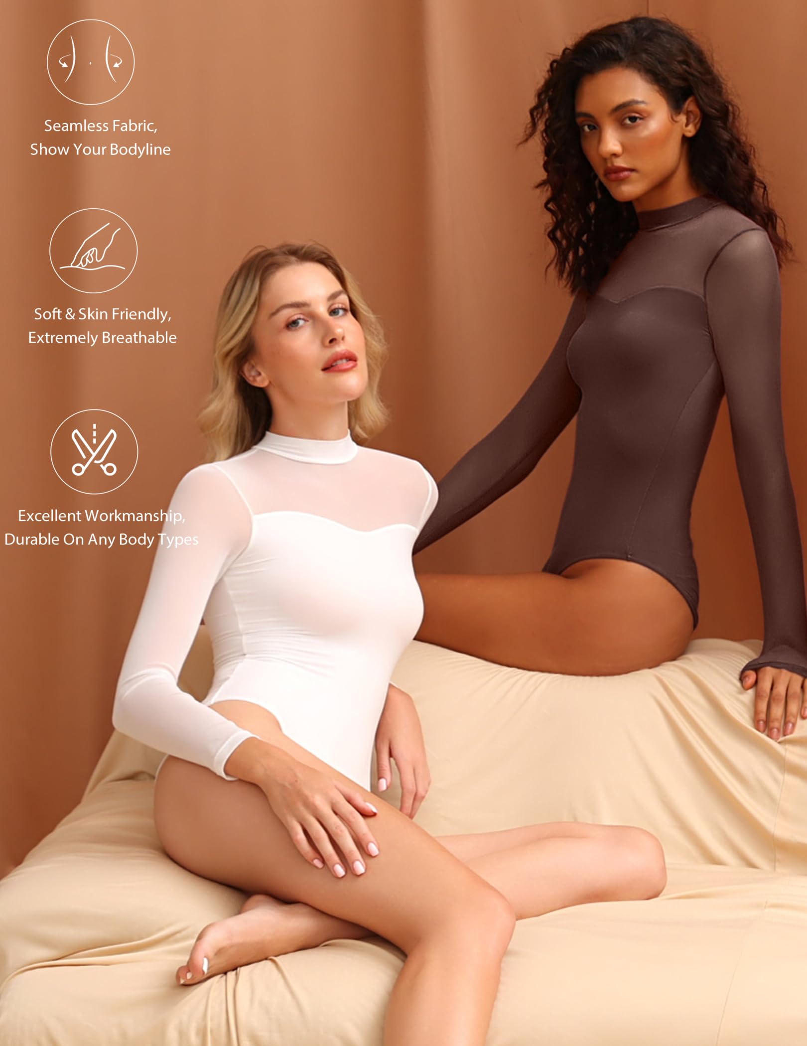 Avidlove Body sexy de malla transparente con cuello alto falso, manga larga, body fruncido, leotardo, Marrón, Large