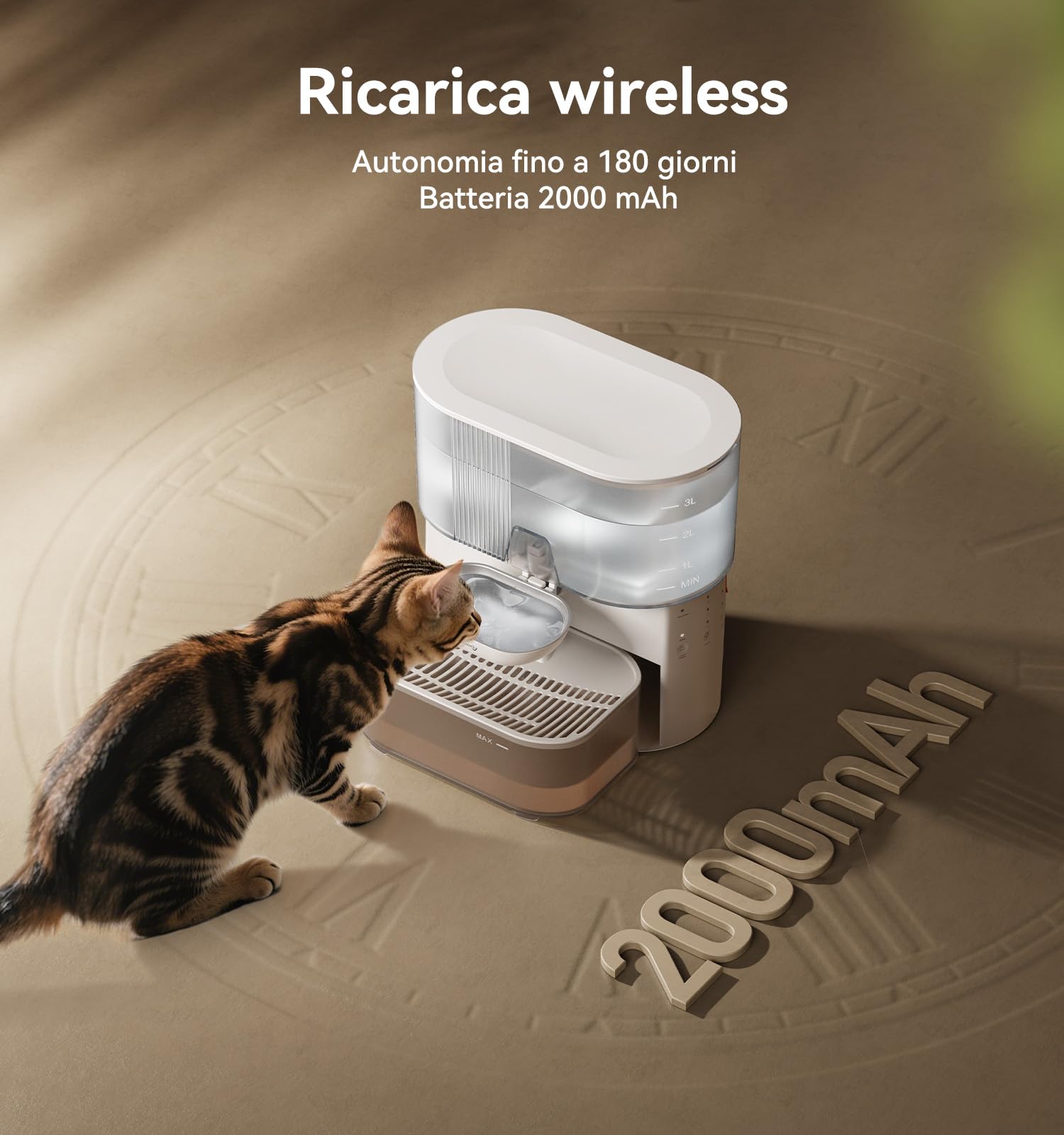 FEELNEEDY Fontanalla per Gatti Senza Filtro E Senza Fili A Batteria da 2000mAh, Separa L'acqua Pulita Da Quella Usata, Ciotola in Acciaio inox, Fontana per Gatto 3.5L, Bianca