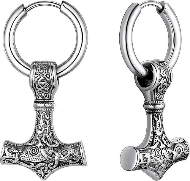 FaithHeart Viking Earrings for Men Women Vintage Norse Axe/Thors Hammer Earring Dangly Stainless Steel Huggie Hoops Ear Drop Stainless Steel/Gold/Black Plated