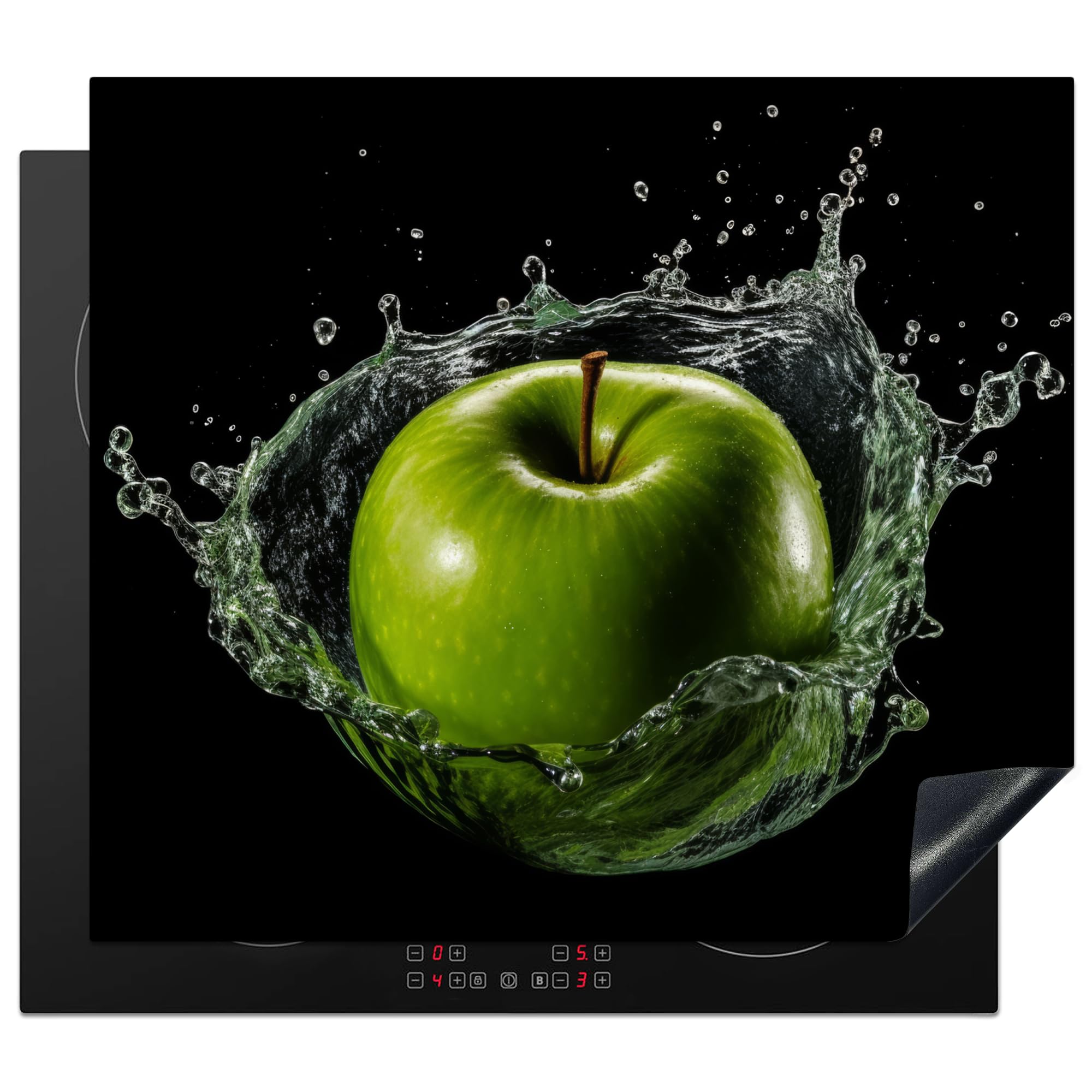 KitchenYeah© Induction Hob Cover Protector Mat 20.2"x22.9" / 58.3x51.3 cm Kitchen Universal Ceramic Covers for Electric Cookers Vinyl Apple - Green - Fruit - Water - Black