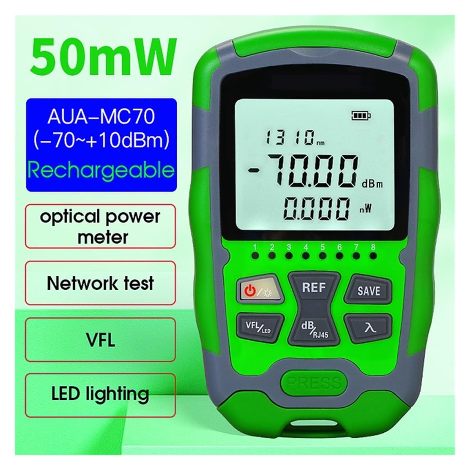 Probador de Fibra Óptica, Probador de cable de red de fibra multifunción 4 en 1, Medidor de potencia óptica AUA-MC70-70~+10dBm Localizador visual de fallas, 1-50MW VFL FTTH OPM(AUA-MC70 50MW)
