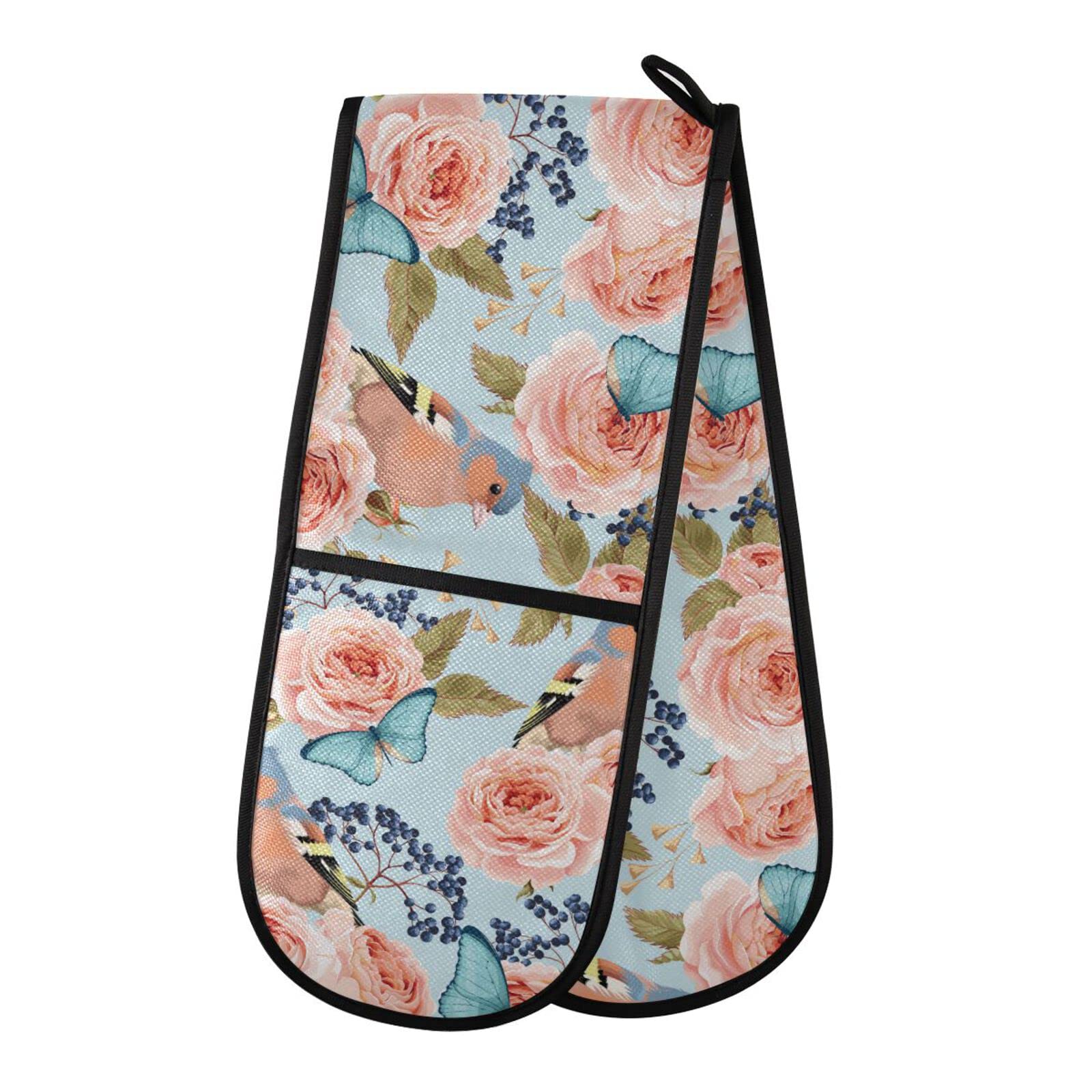 Double Oven Glove Floral Flower Rose Bird Heat Resistant Double Ovens Mitt Modern Cooking Gloves Potholders