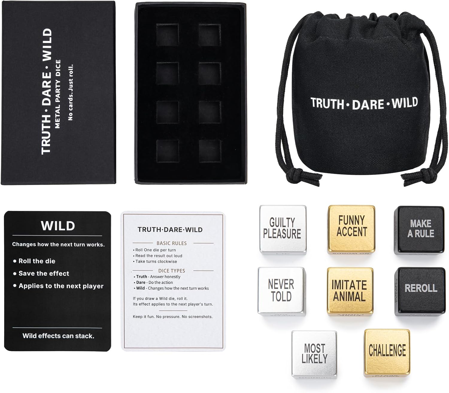Truth or Dare Metal Dice Game for Adults – 8 Aluminum Dice Set with Wild Modifier System for Bachelorette Parties, Date Nights & Girls Night Out