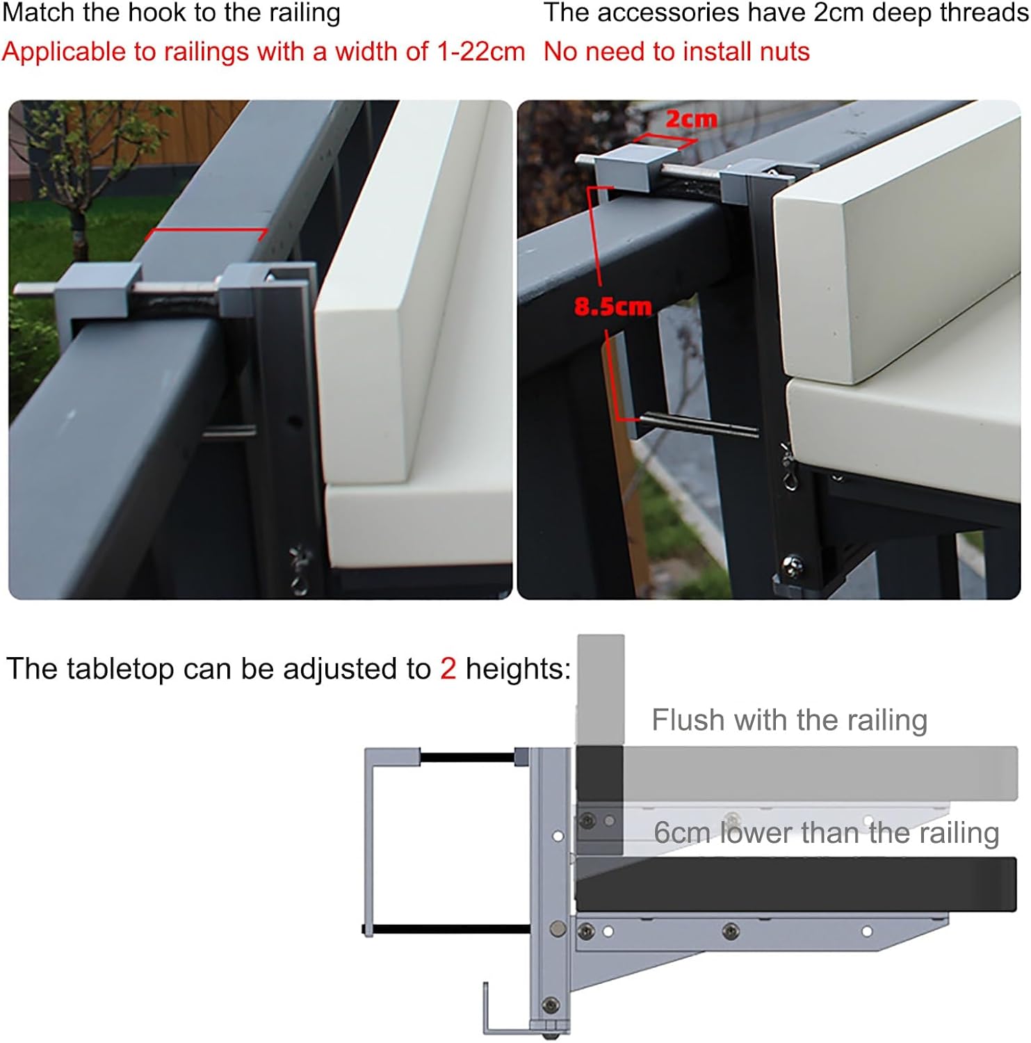 JHDXL Balcony Bar Table for Railings, Countertop Extension Fold Down, Adjustable Hanging Folding Table, Wall-Mounted Side Table for Patio, Garden, Balcony Accessories(120 * 39cm/47.5 * 15.5in)