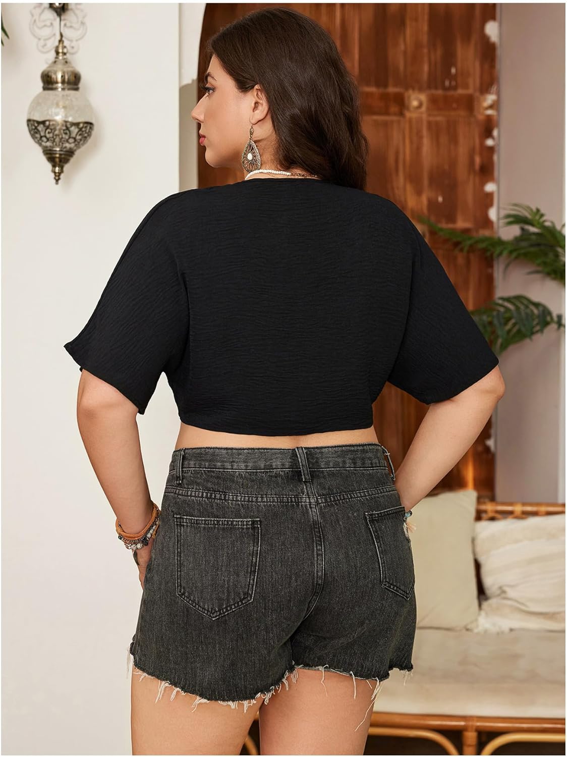 MakeMeChic Women's Plus Size Tie Front Tops Crop Puff Sleeve Deep V Neck Crop Blouse Top - Image 2