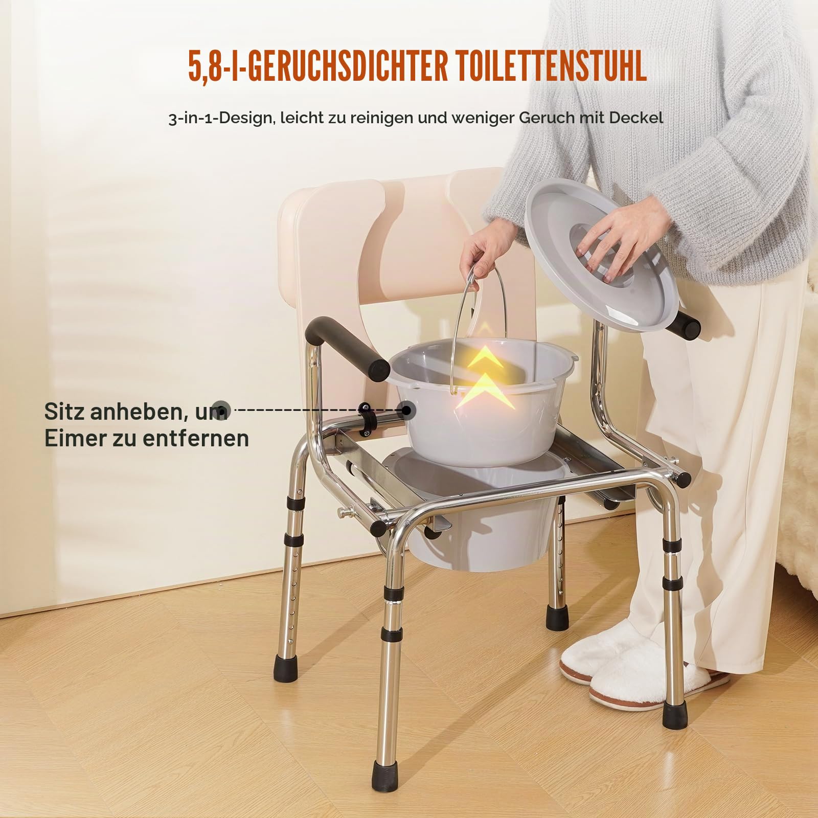 VEVOR Toilettenstuhl, Nachtstuhl mit Gepolstertem Sitz, Herunterklappbaren Armlehnen, 7-stufig Höhenverstellbar 490-640 mm, Abnehmbarer Eimer, 158,8 kg Belastbar, Tragbare Toilette für Erwachsene