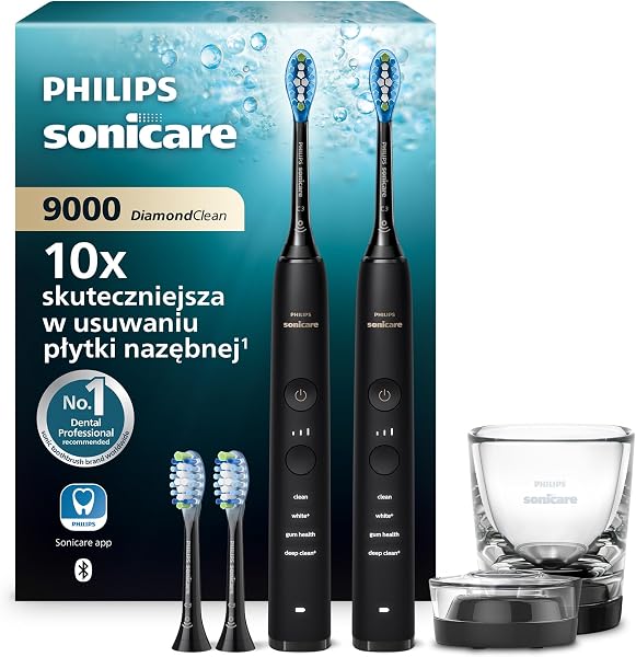 Szczoteczka elektryczna Philips Sonicare DiamondClean 9000, podwójne opakowanie, szczoteczka soniczna z aplikacją, czujnik nacisku, szklanka do ładowania, kolor czarny, model HX9914/63