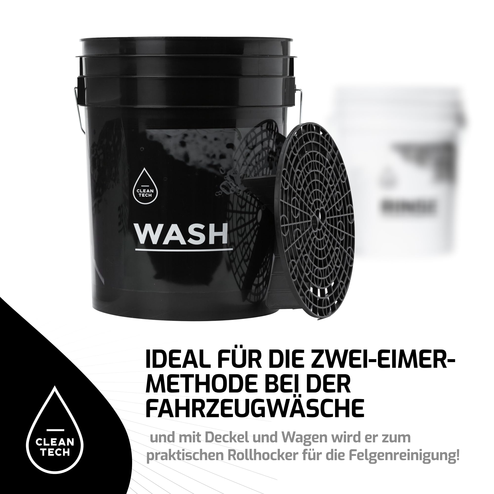 Cleantech - Set di lavaggio per auto, secchio da 20 litri, con filtro antisporco + guanto da lavaggio, perfetto per una pulizia efficace e delicata sulla vernice