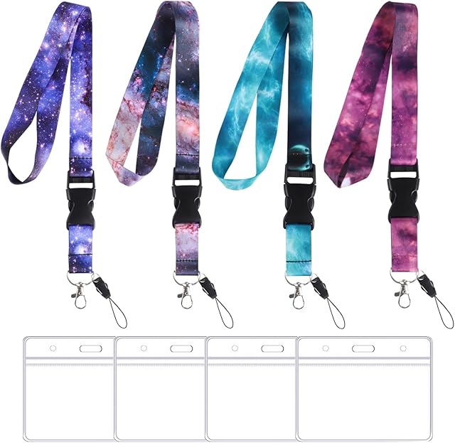 4 Pack Lanyard with Card Holder, Personalised Printed Lanyard Necklace with Transparent ID Card Holder Keyring Premium Lanyards for Office Name Badge, ID Card or Keys(Galaxy)