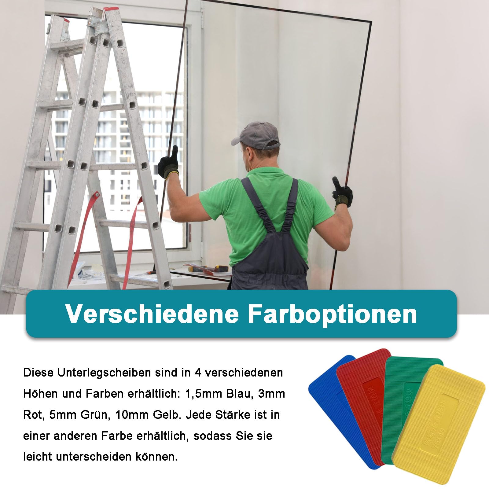 Unterlegplatten Kunststoff, 60 Stück Möbel Nivellierpads Set, 75x40 mm Kunststoff Abstandshalter, 4 Stärke 1,5mm,3mm,5mm,10mm Verglasungsklötze, Abstandhalter Fliesenkeile(Blau, Rot, Grün, Gelb)