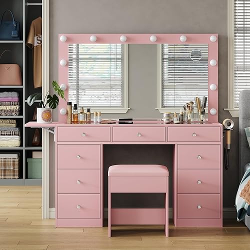 FUSOU Vanity Desk with Power Outlet, Makeup Vanity with Lighted Mirror, 3 Lighting Modes Adjustable, 9 Drawers Vanity Table with Chair with Fold-up Panel, Glass Top, Dressing Table for Bedroom, Pink