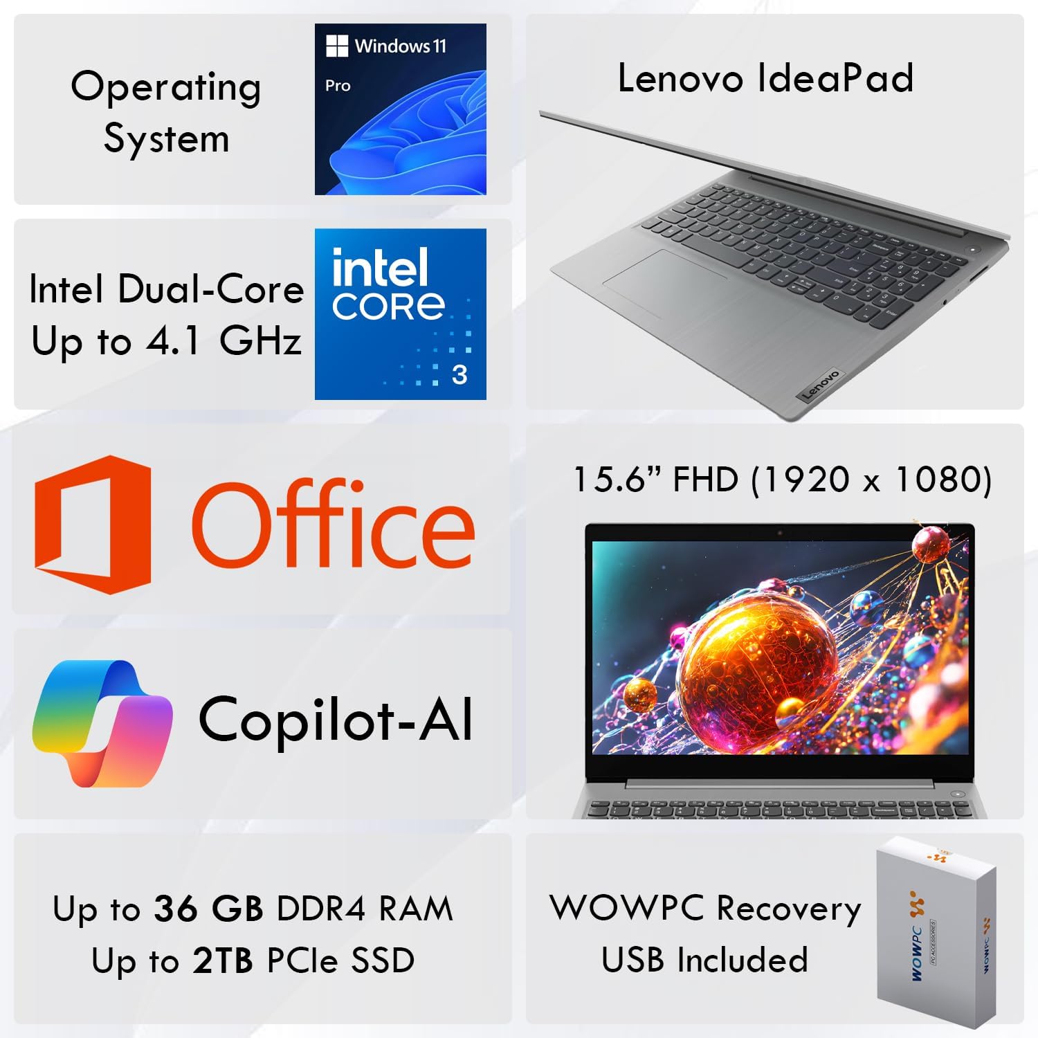 Lenovo Ideapad Business Laptop with Microsoft Office, Intel Dual-Core Processor(Up to 4.1 GHz), 15.6" FHD Display, 12GB RAM, 256GB SSD, SD Card Reader, Windows 11, Copilot AI-Ready, WOWPC USB