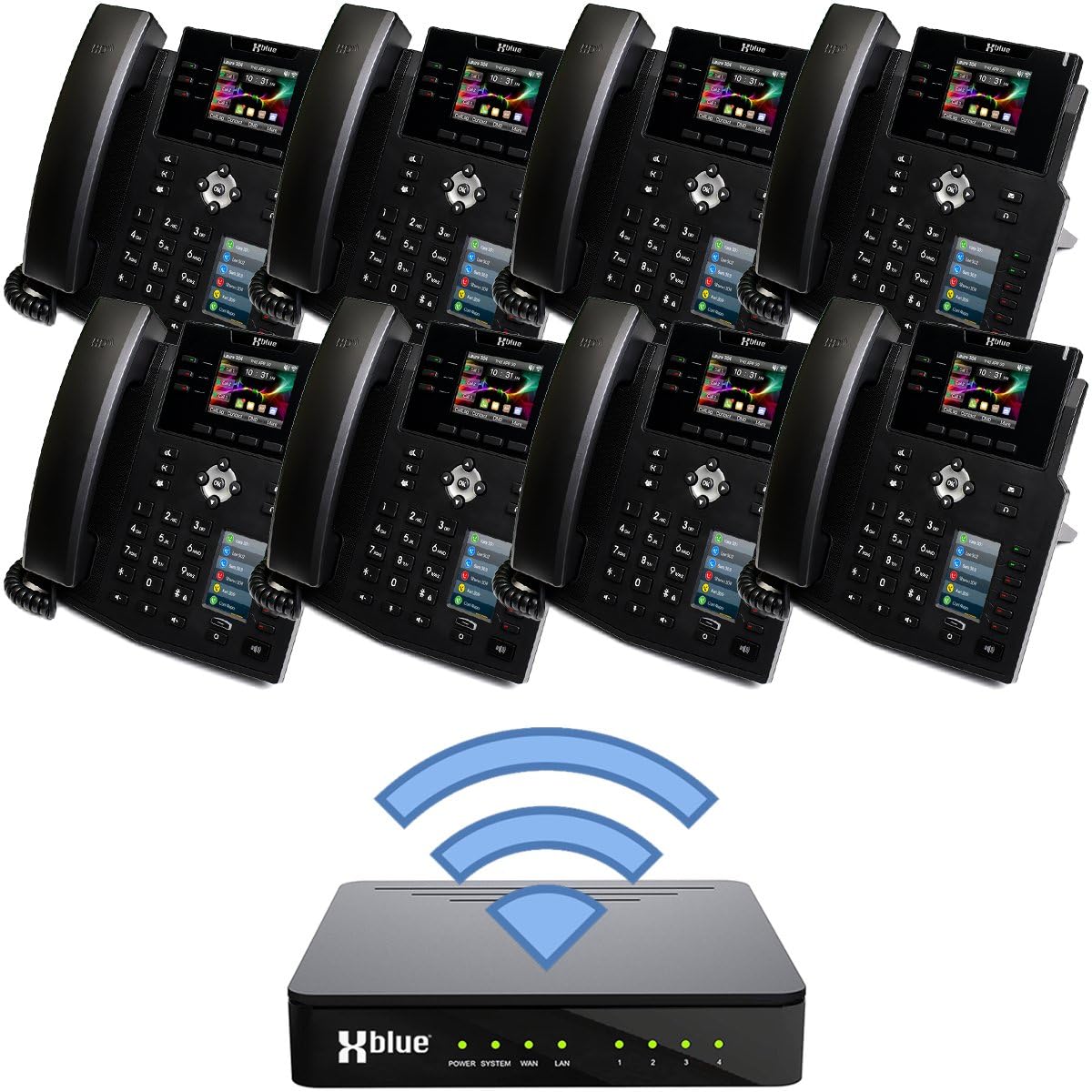 XBLUE Wireless QB1 Small Business Phone System Bundle with (8) IP9g VoIP Phones - Includes Auto Attendant, Voicemail, Remote Worker Extensions, Caller ID, Conference, Paging & Intercom