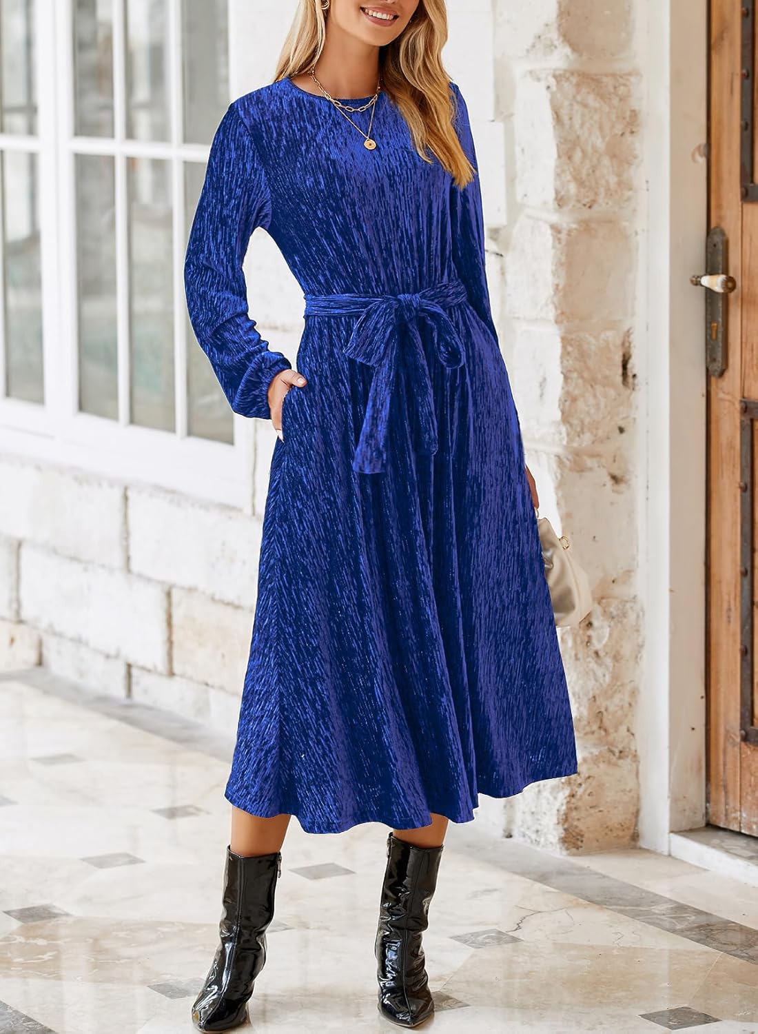 Happy Sailed Women's Velvet Dress Fashion Fall Winter Long Sleeve High Waist A-Line Semi Formal Wedding Guest Dresses - Image 3