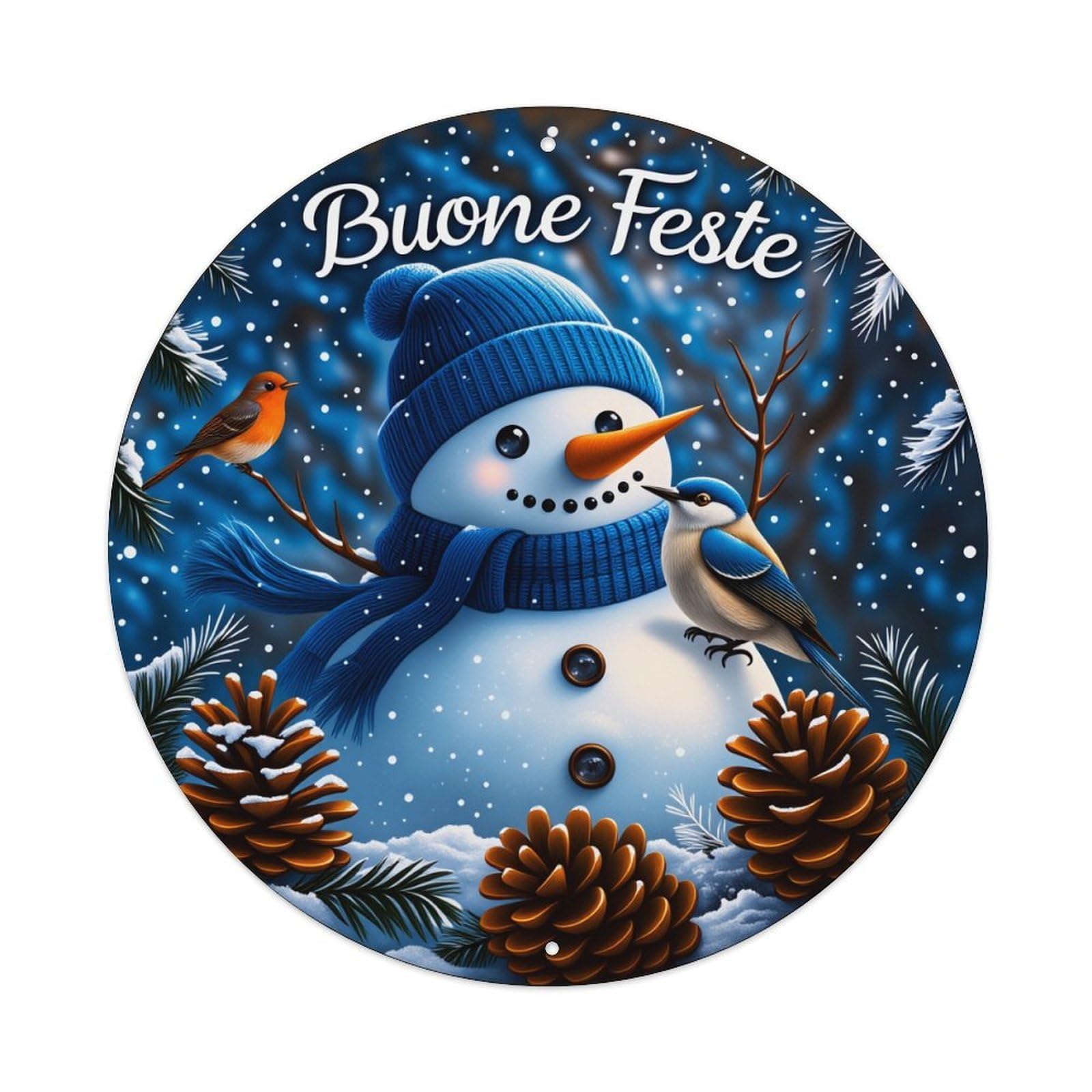Snowman Birds Pinecones Winter Night Vintage Metal Tin Sign Retro Wall Decor for Home Bar Garage Cafe, Indoor & Outdoor Decorative，circle Metal Poster, 8x8 Inch