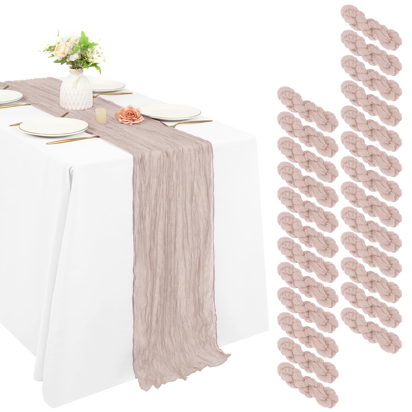 25 Pack Cheesecloth Table Runner 20 x 120 inch Long Boho Gauze Table Runners 10FT Semi Sheer Table Runner for Wedding Decor, Baby Shower, Birthday Party, Banquet (Rose Brown)