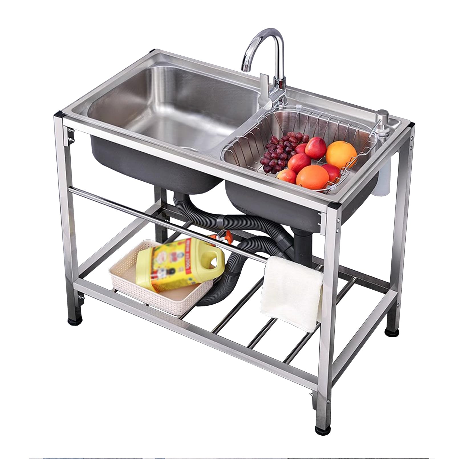Lavello da Cucina Commerciale a 2 Scomparti, Doppio lavello autoportante con Supporto, Rubinetto in Acciaio Inox per Acqua Calda e Fredda, lavabo per Lavanderia, Garage Esterno