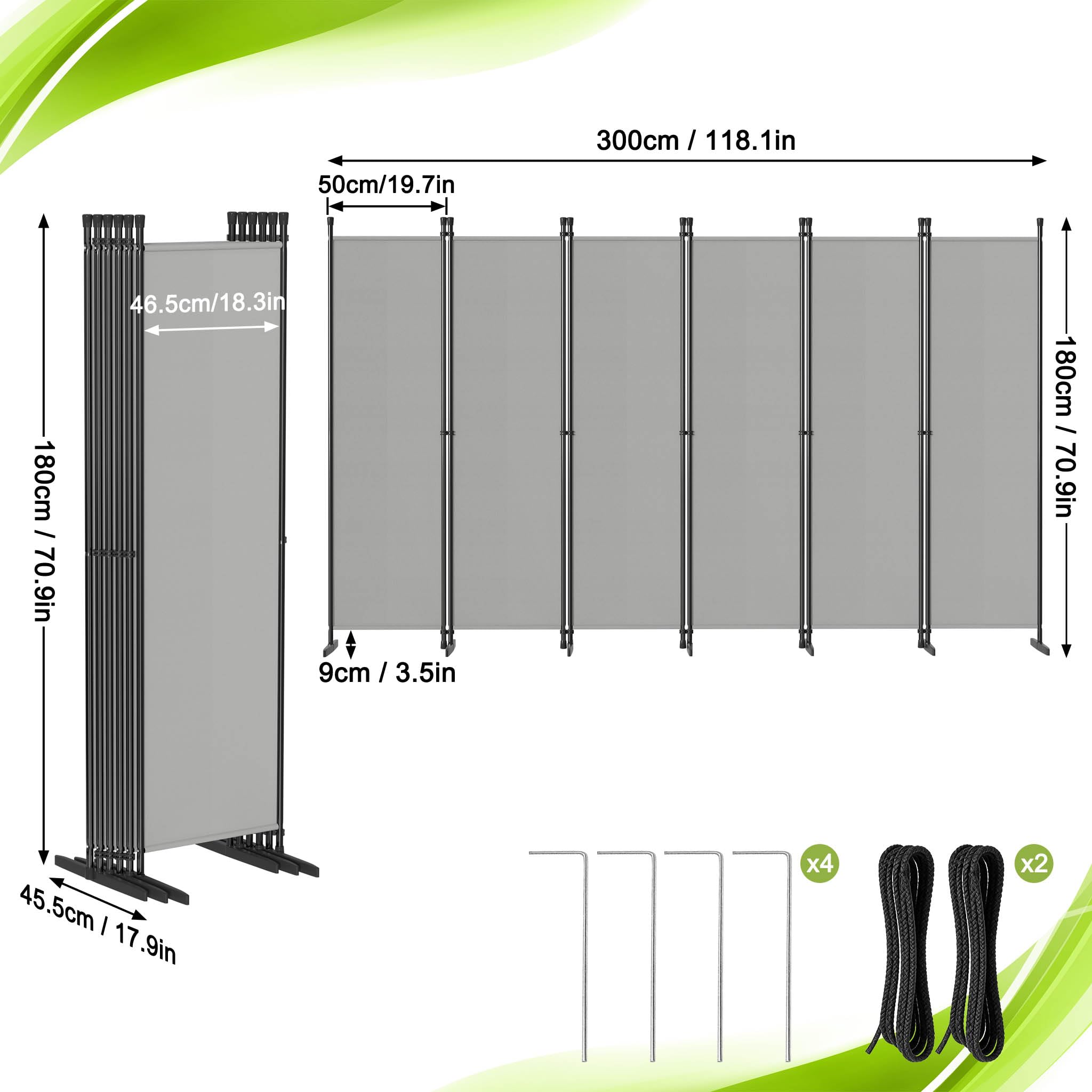 Froadp Biombo separador de habitaciones, 6 piezas, plegable, 300 x 180 cm, flexible, protección visual con clavos y cuerdas, para salón, oficina, jardín, balcón, gris claro