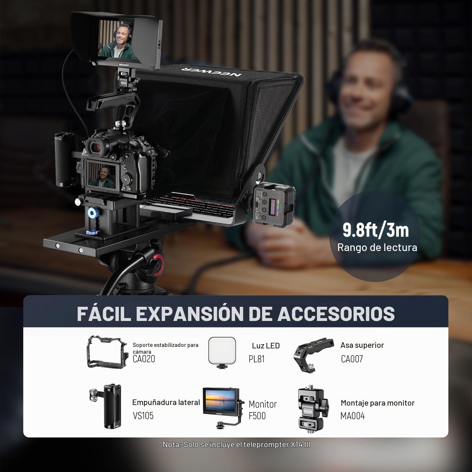 NEEWER Teleprompter X14 III con RT113 Remoto/App Control,45° Tilt 14" Divisor de Haz, Marco Total Mtálico Montaje Cámara Mejorado, Placa QR Compatible con 501PL para iPhone iPad DSLR, sin Ensamblaje
