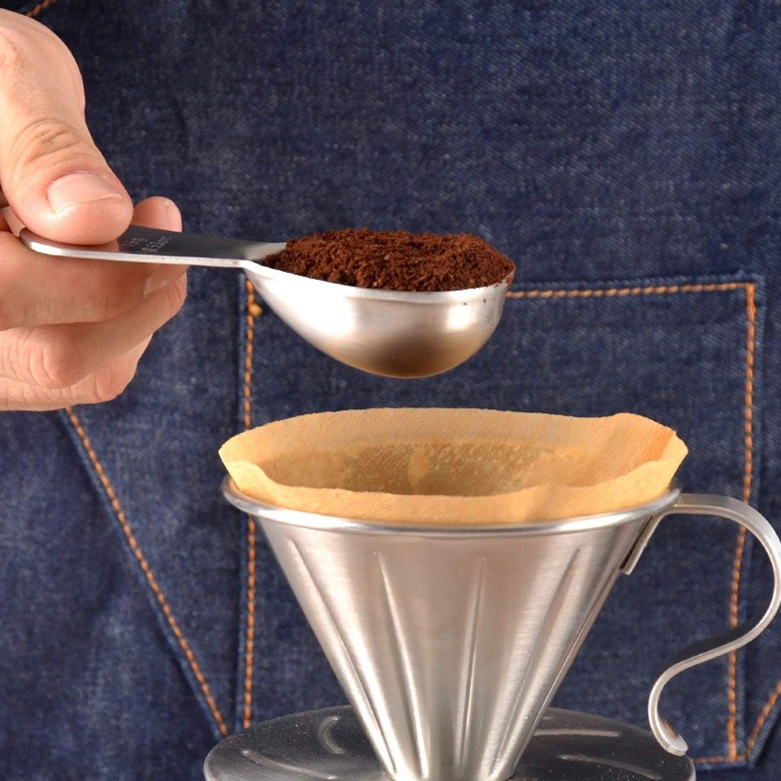 U/D Set di 3 misurini per caffè in acciaio inox, 1 cucchiaio con manico corto (15 ml, argento), adatto per caffè macinato, latte, in polvere