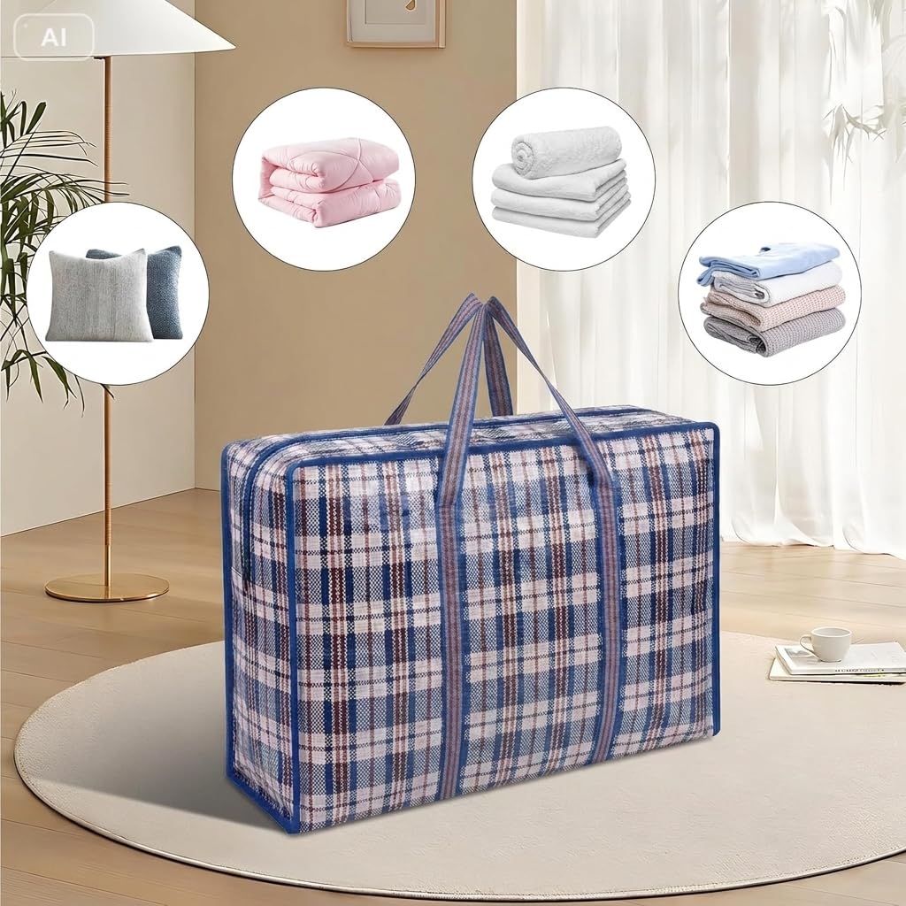 2 Stück Kleiderbeutel, Große Einkaufstaschen Aufbewahrungstasche Jumbo Taschen mit Reißverschluß für den Umzug Bettwäsche Kleidung Decken Kissen Quilt (Blau, 70cm*50cm*25cm)
