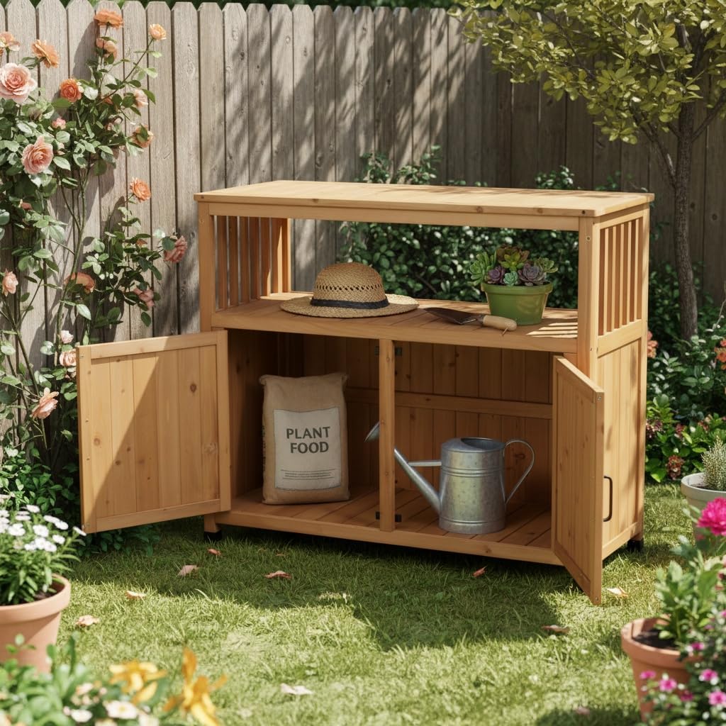 Potting Bench Table with Storage & Metal Top, Outdoor Storage Cabinet with Shelves, Wooden Garden Outdoor Cabinets Weatherproof for Patio, Backyard, Greenhouse (Light Brown, Short)