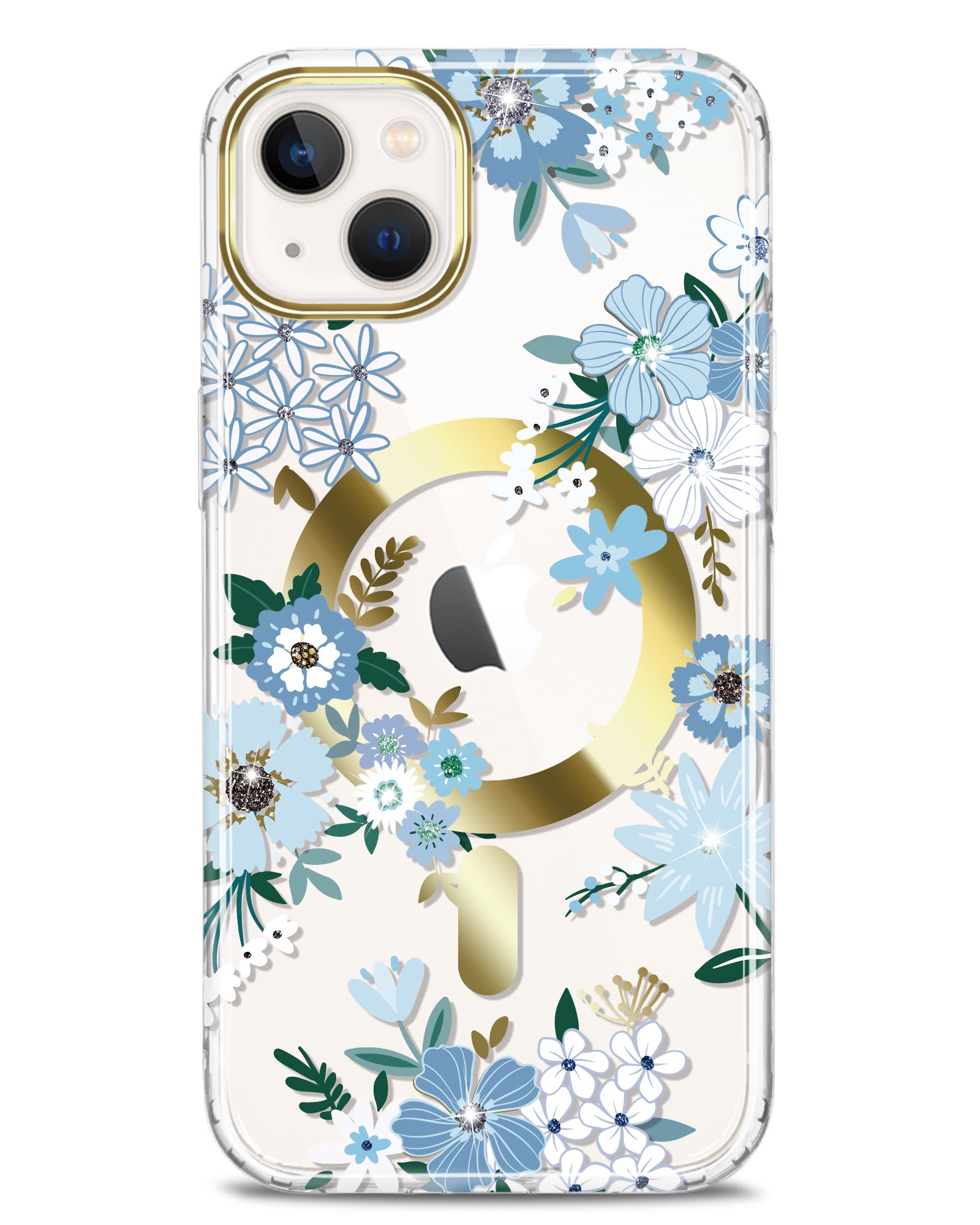 JIAXIUFEN Magnetic Designed Clear Case for iPhone 14 iPhone 13, Compatible with MagSafe, Gold Plated Glitter Slim Shockproof Protective Women Girl