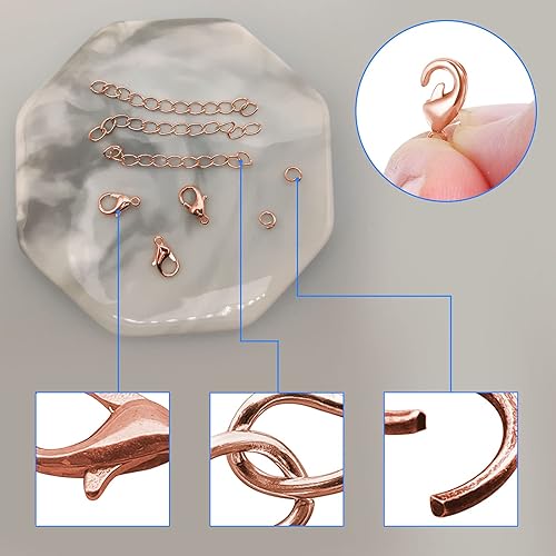 Miniatura 4 de 100 cierres de langosta de aleación+100 cadenas de extensión con 100 anillos de salto, cierre de pinza de langosta de oro rosa, cadena de cola