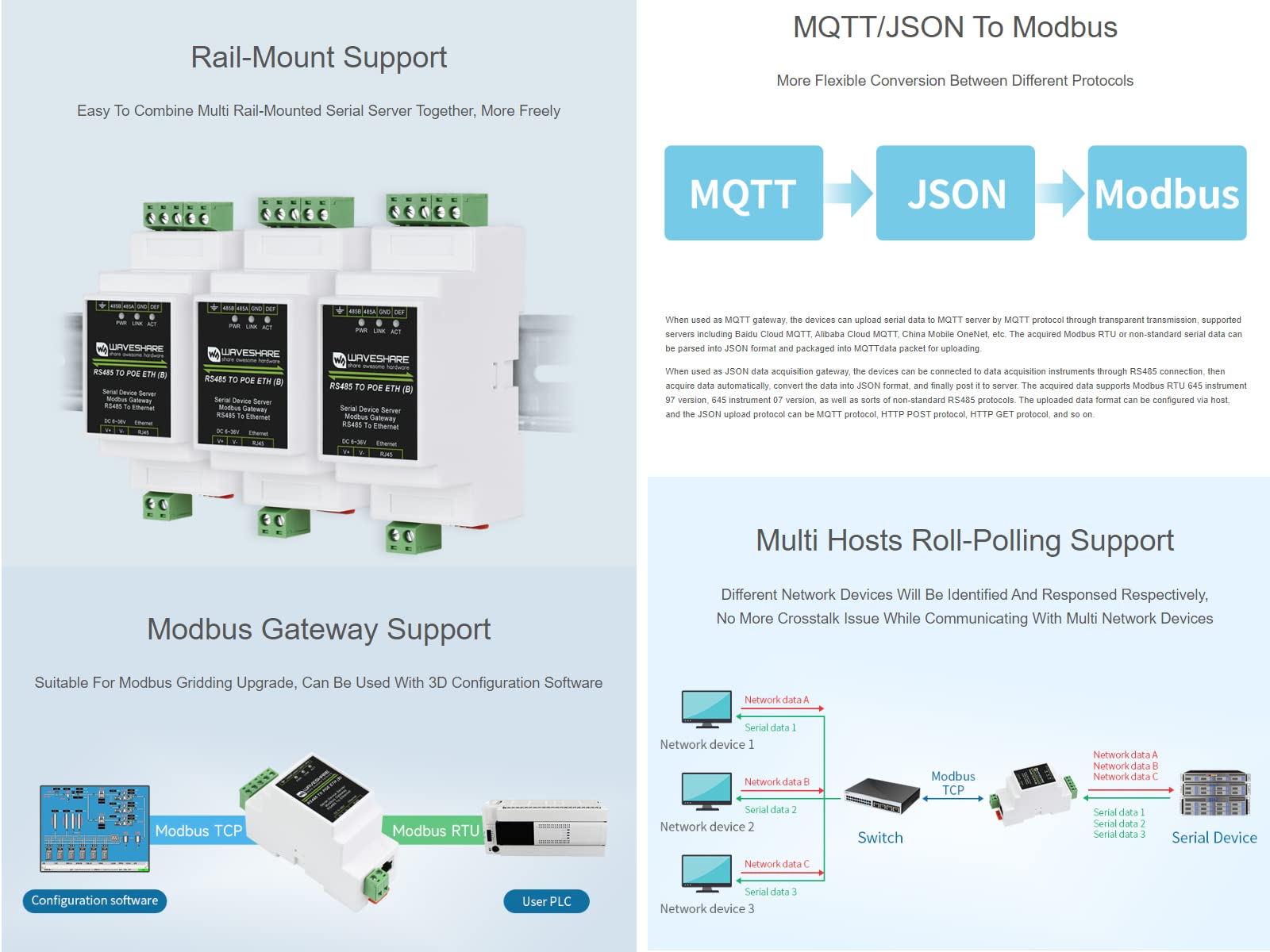 RS485 to RJ45 Ethernet Converter Module, Industrial Rail-mount Isolated RS485 Serial Server,TCP/IP to Serial Module,10 / 100M Auto-negotiation RJ45 Connector,with POE Function