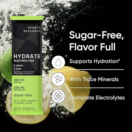 Miniatura 3 de Sports Research Hydrate - Paquetes de electrolitos en polvo, sin azúcar y con sabor natural con vitaminas, minerales y agua de coco, apoya la