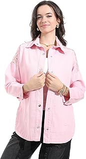 جاكيت جينز كبير الحجم مع ظهر مطرز، بينك، ياقة بازرار سفلية، اكمام طويلة - 17189