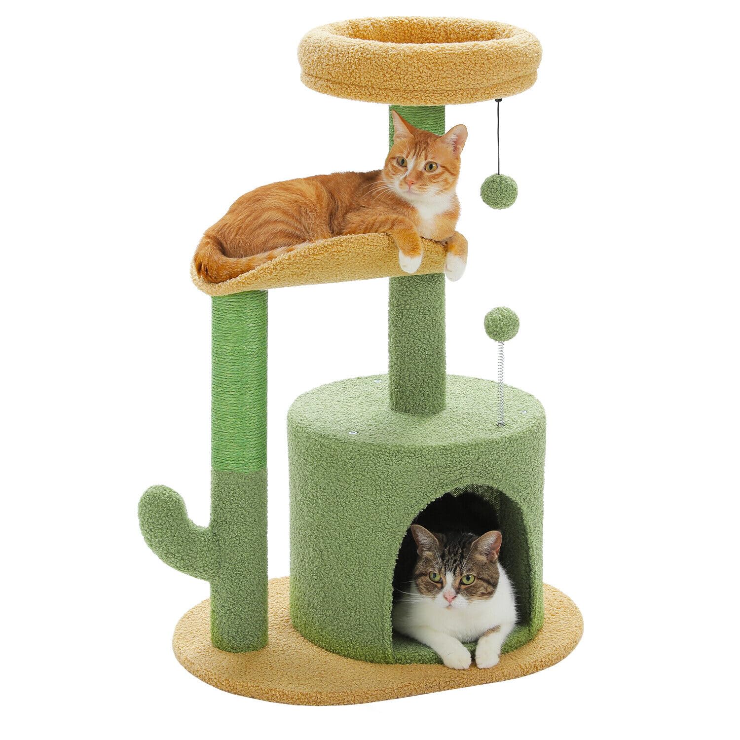 PAWZ Road Cactus Cat Tree Small Cat Tower 32” Cat Scratching Post with Curved Perch, Cozy Cat Condo, Removable Padded Top Bed for Kittens and Indoor Cats-Green