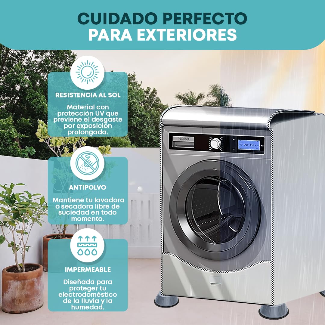 Funda Lavadora Exterior Impermeable, Soporte Lavadora, Pack Funda Lavadora Con x4 Patas Antibrivaciones, Compatible Lavadoras 7-8Kg y 9-10Kg , Protección Contra Lluvia, Sol y Reducción de vibraciones