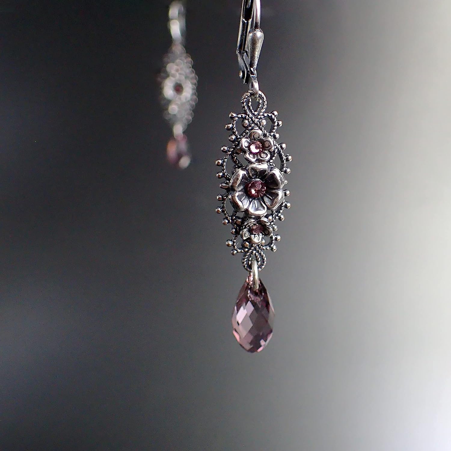 Antique-Style Dusty Pink Crystal Floral Filigree Earrings