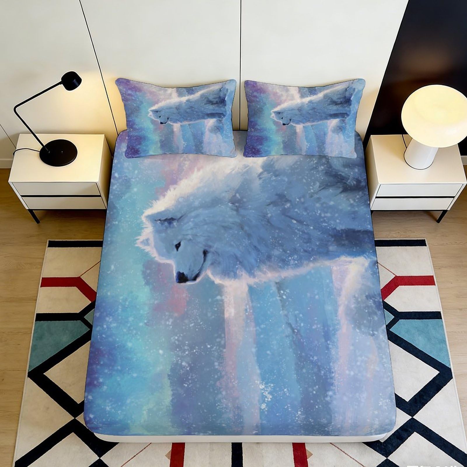 Pnayamiorkfel Style-3 3D Printed White Wolf Aurora Fitted Sheet Microfiber Breathable Northern Lights Bed Cover For Bedroom Decor 90X200x25cm