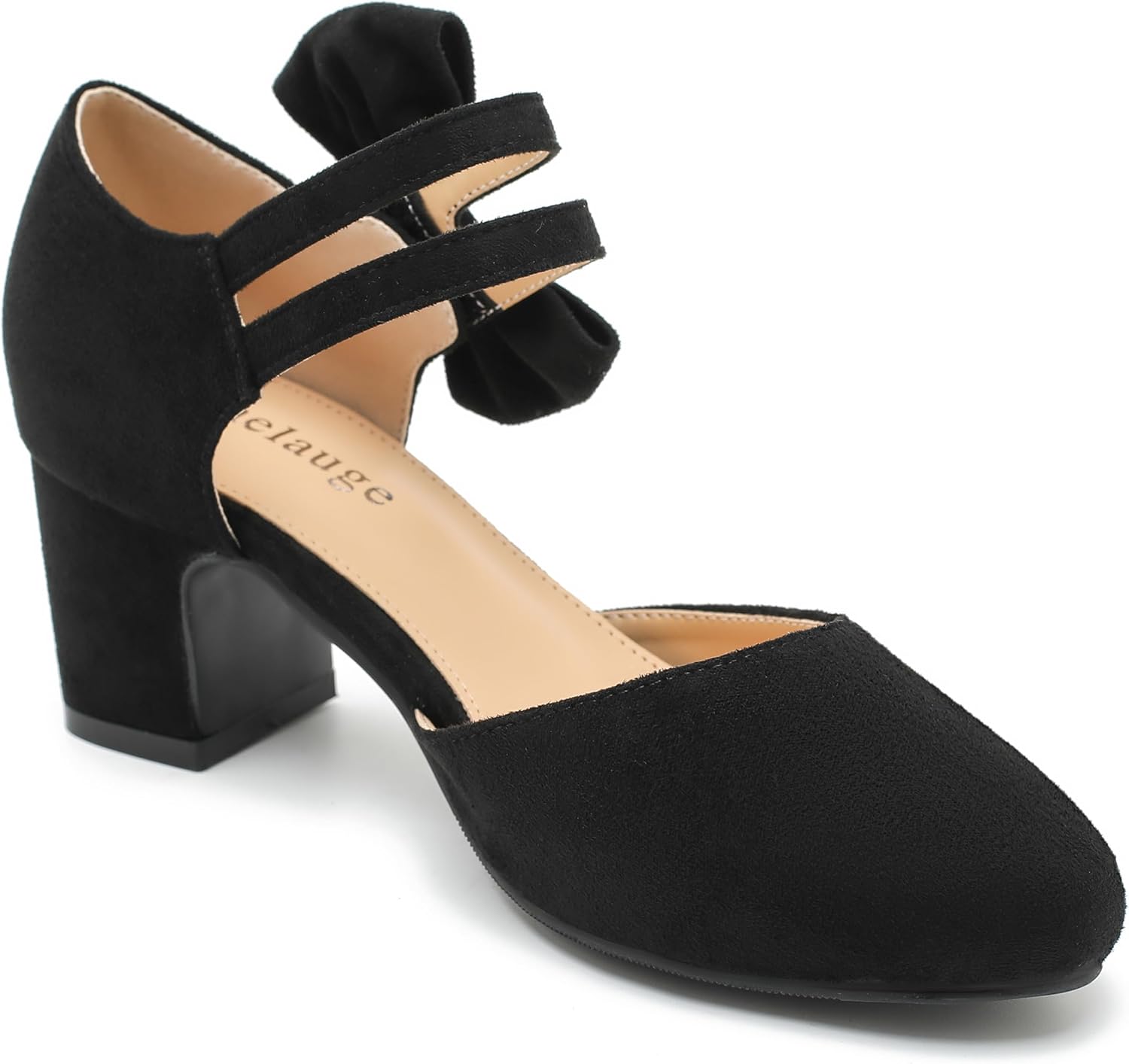 Enelauge Women's Bow Closed Round Toe Ankle Strap Pumps D'Orsay Low Block Chunky Heels Elegant Wedding Bridal Party Dress Shoes - Image 5