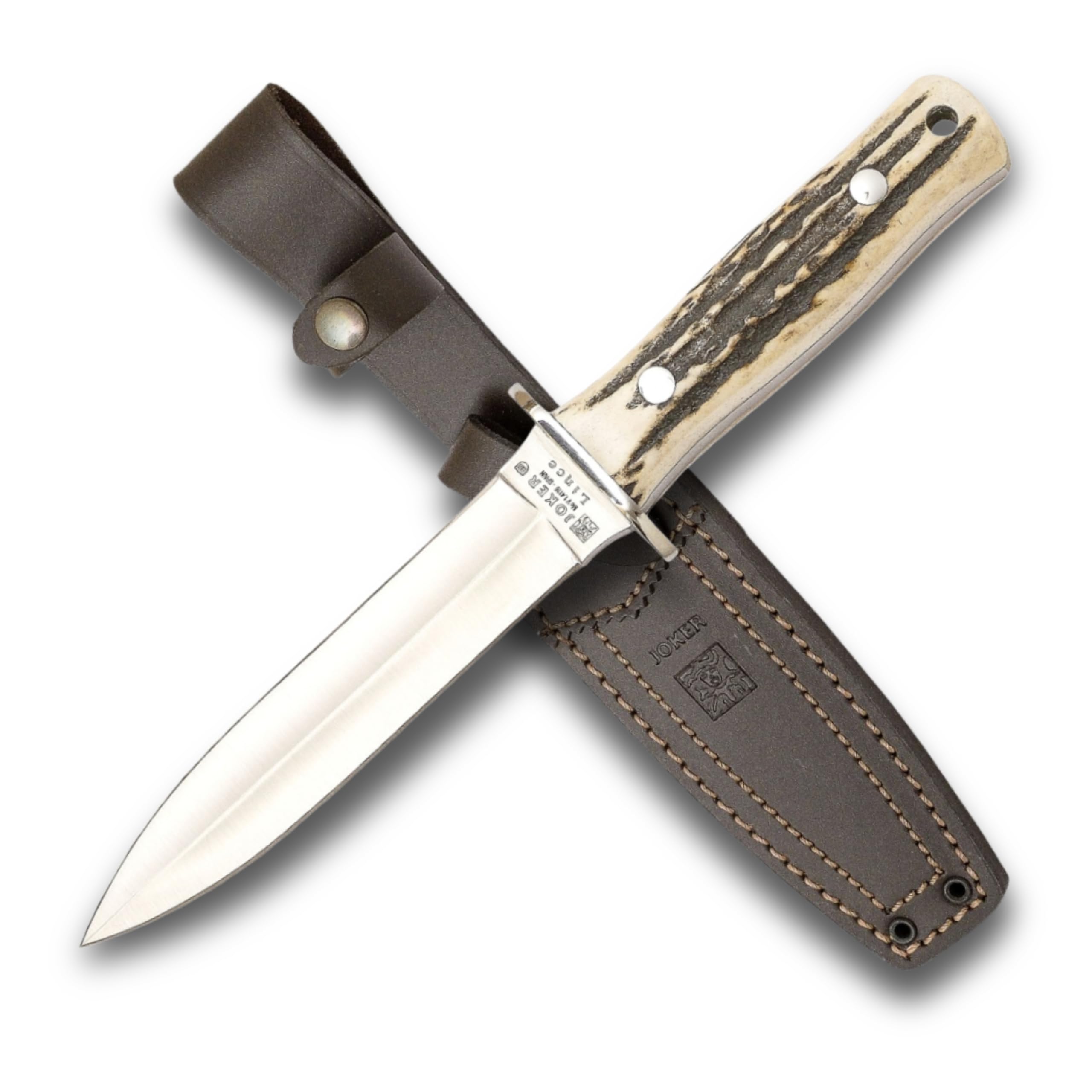 Joker Full Tang CC43 Lince mountain knife, MOVA blade 6,1 inches, deer antler handle, brown leather sheath, fishing, hunting, camping and hiking tool